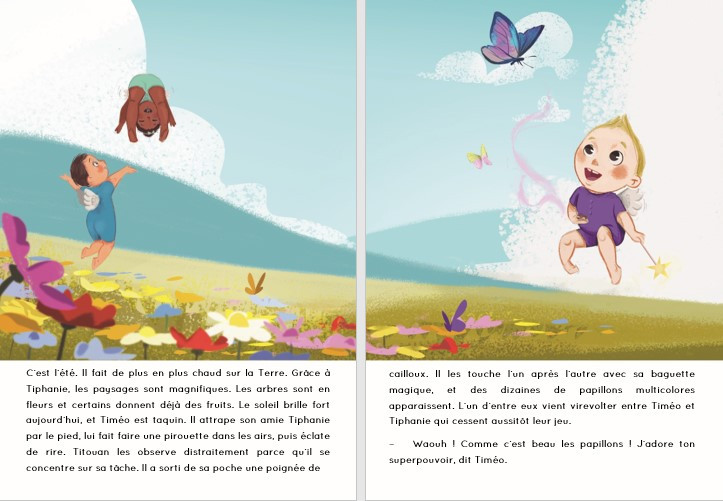 Page intérieure de l'album "le royaume de Séraphin". On voit trois bébés avec des ailes qui s'amusen dans le ciel. L'un d'eux a une baguette magique. Des papillons volent autour d'eux et au sol, un tapis de fleurs et de la verdure.