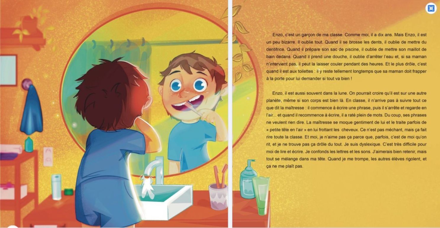 Page intérieure du livre "la planète d'Enzo" de Mélodie Ducoeur. On y voit un jeune garçon qui se brosse les dents et un texte adapté aux dyslexiques.